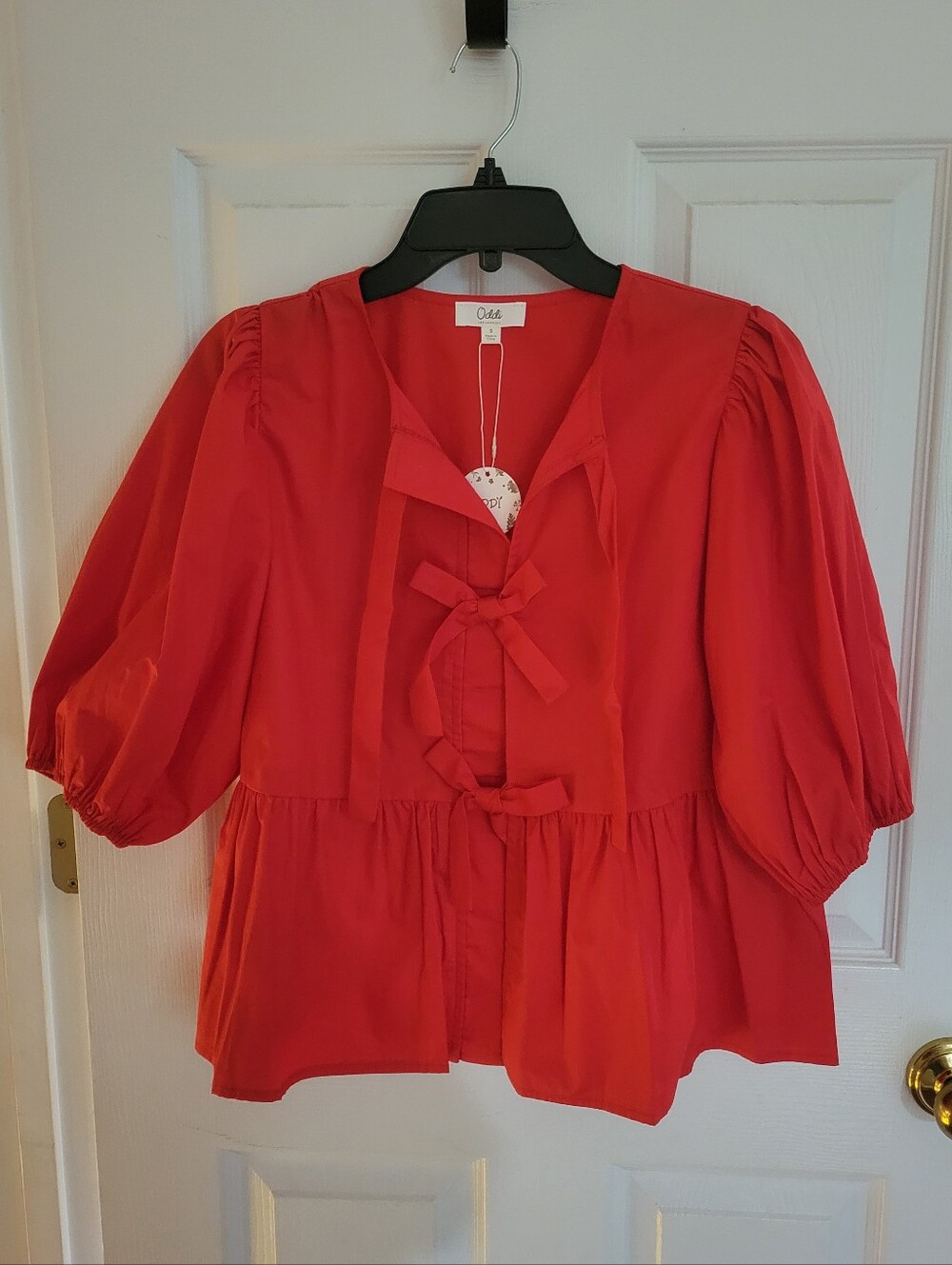 Oddi Red Tie-Front Peplum Puff Sleeve Blouse
